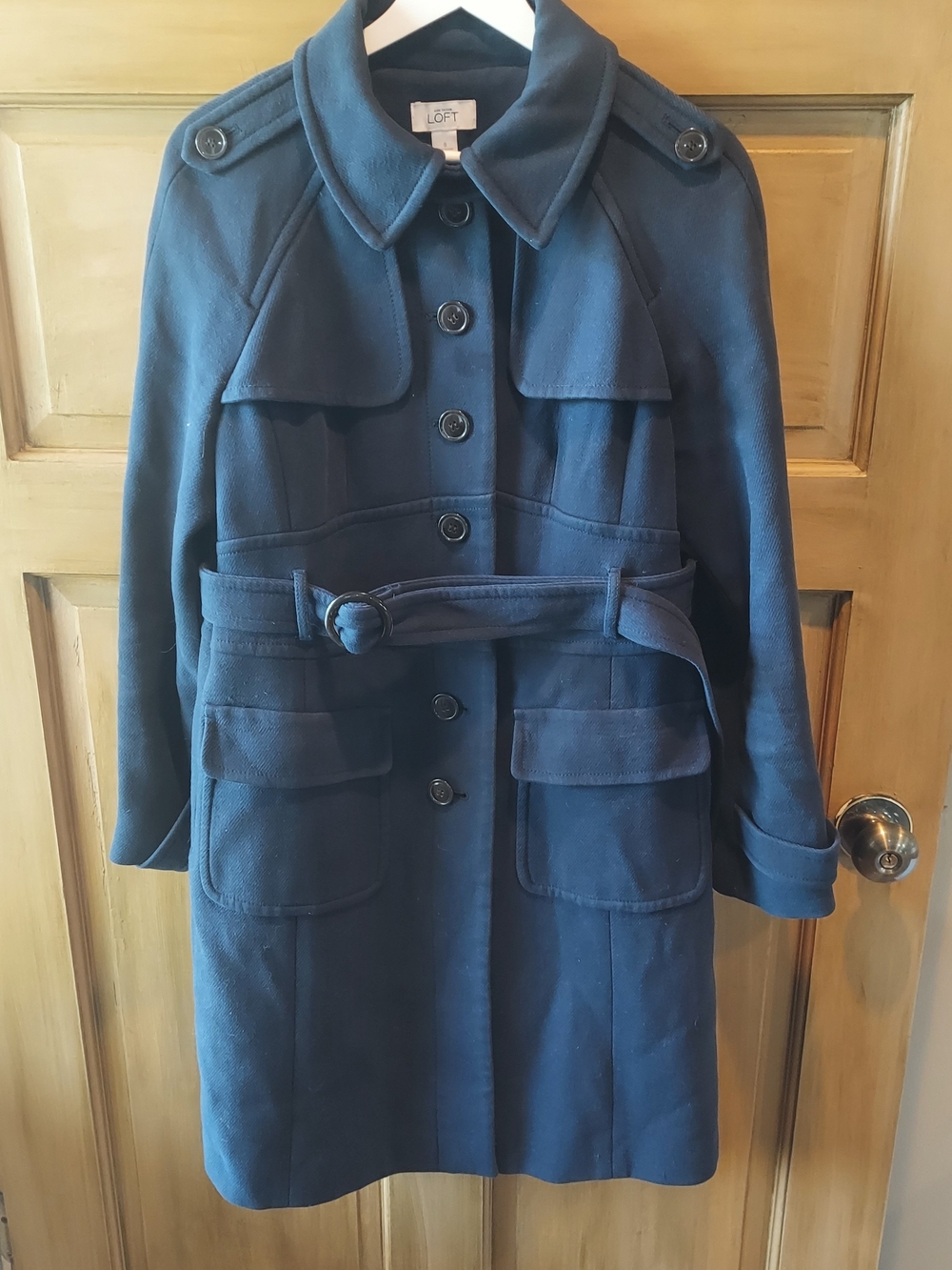 LOFT Navy Belted Trench Coat with Button Front Size 8